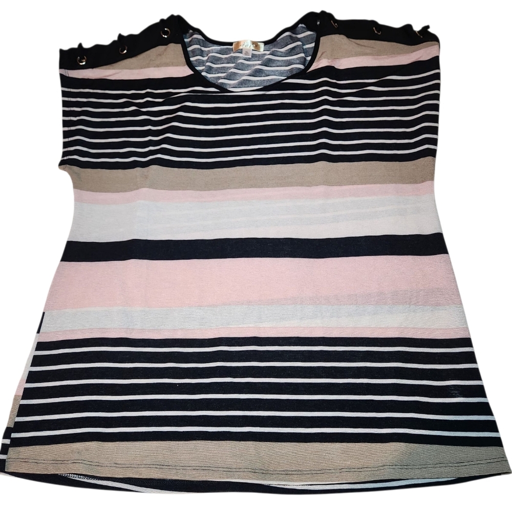Lavish Womens Sz XL Mixed Tones Striped Top Blouse Lace Up Shoulder Stretch